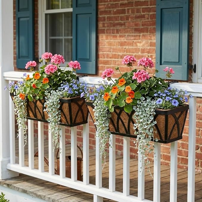 24 Inch Window Box Planter with Coco Liner for Hanging Outdoor Plants, 2 Pack Railing Planter Boxes with Adjustable Brackets for Balcony Deck Porch & Patio Garden Decor, Black