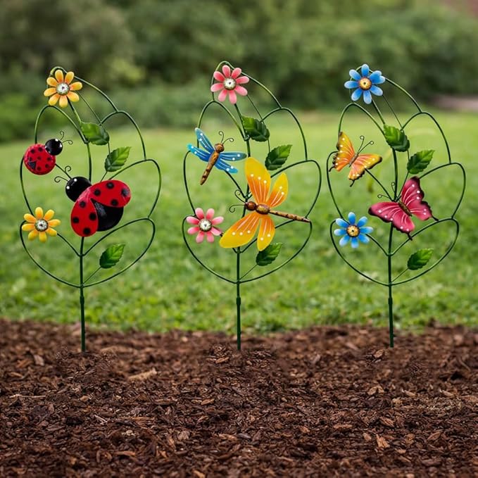 Decorative garden stakes for Outside,Set of 3, Metal Plant Support for Spring Decor, Yard Art Garden Decorations for Outdoor Lawn Porch Pathway