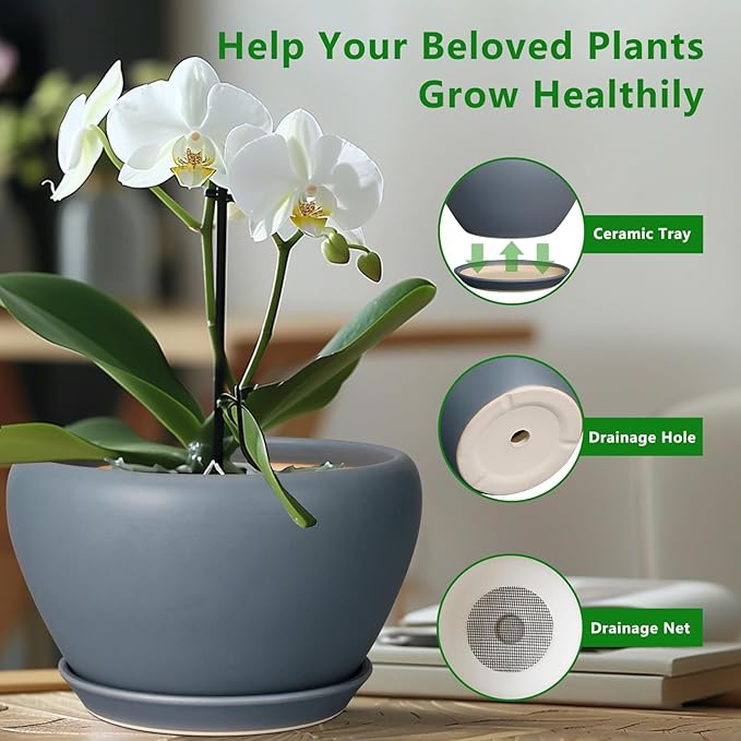 Ceramicfor Ceramic Plant Pot - 11 Inch Planter for Indoor Plants Large Plant Pot with Drainage Hole and Saucer Round Outdoor Planter Modern Flower Pot for Home Decor Gray