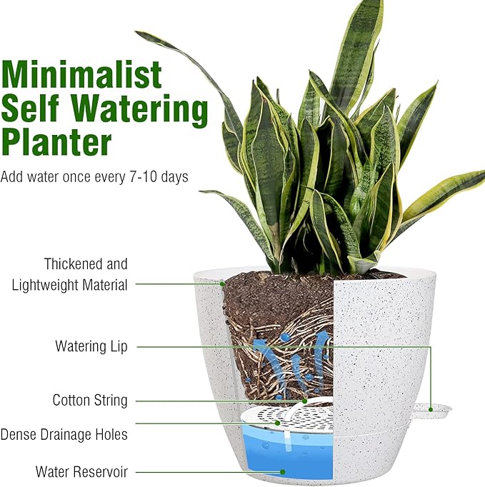 WSMKSZ 12/10/9 inch Large Self Watering Pots, Plant Pots with Mesh Drainage Holes for Indoor Outdoor Garden Plants, Flower Pots with Deep Reservoir, Set of 3 Plastic Planters, Specked White