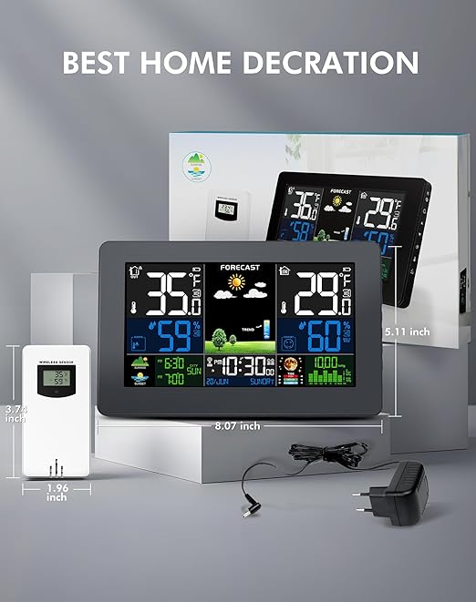 Weather Station Wireless Indoor Outdoor, Digital Thermometer with Remote Sensor, Large Display Home Weather Stations with Weather Forecast, Atomic Clock, Barometric Pressure, Moon Phase