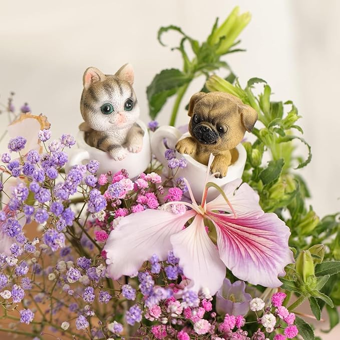 Cute Cat Mini Figurines with Stakes Adorable Garden Statues for Flower Plant Pot Decorations Miniaturefairy Garden Sculpture