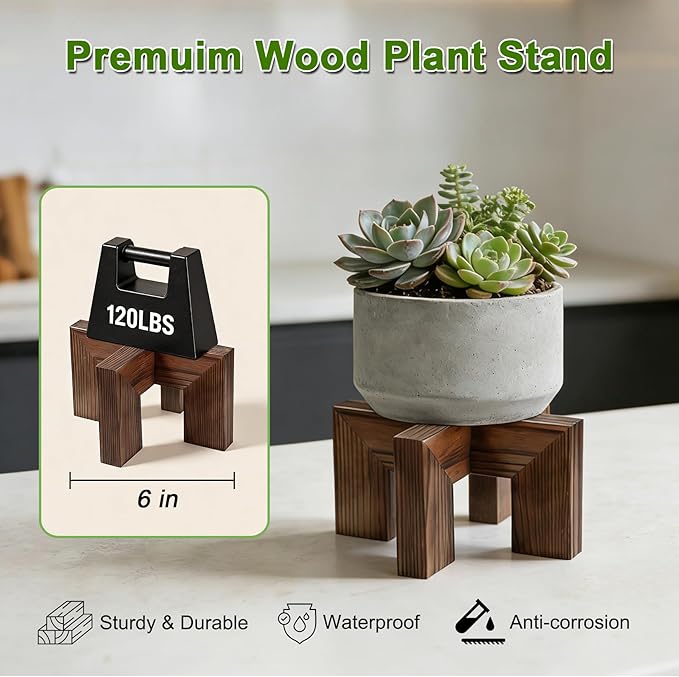 Wood Plant Stand Indoor Outdoor, Mid Century Modern Planter Holder, Sturdy Plant Pot Stand, Single Floor Flower Pot Holder (Walnut, Fit 2.5-6 Inch Pots)