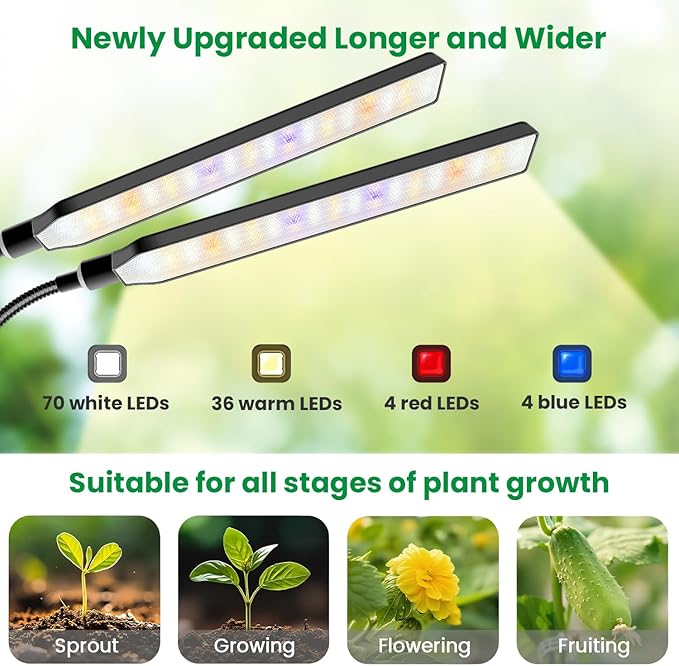 Aumtrly Grow Lights for Indoor Plants, 2 Head 114 LED Full Spectrum Clip on Plant Lights for Indoor Growing with 6/12/16H Timer, 5 Dimming, 3 Light Mode, Black Gooseneck Grow Lamp