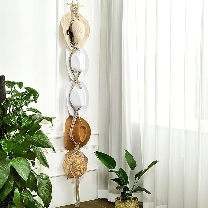 Yulejo Macrame Hat Hangers Boho Hat Rack Cowboy Hat Hanger Back of Door Hat Organizer (Beige,Five Hats Style)