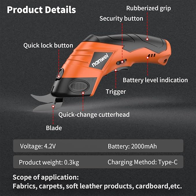 NANWEI Electric Scissors Cordless, Type-C Rechargeable Cardboard Cutter with 2 Blades, 4.2V High‑torque Motor, for Fabric Carpet Leather (Orange)