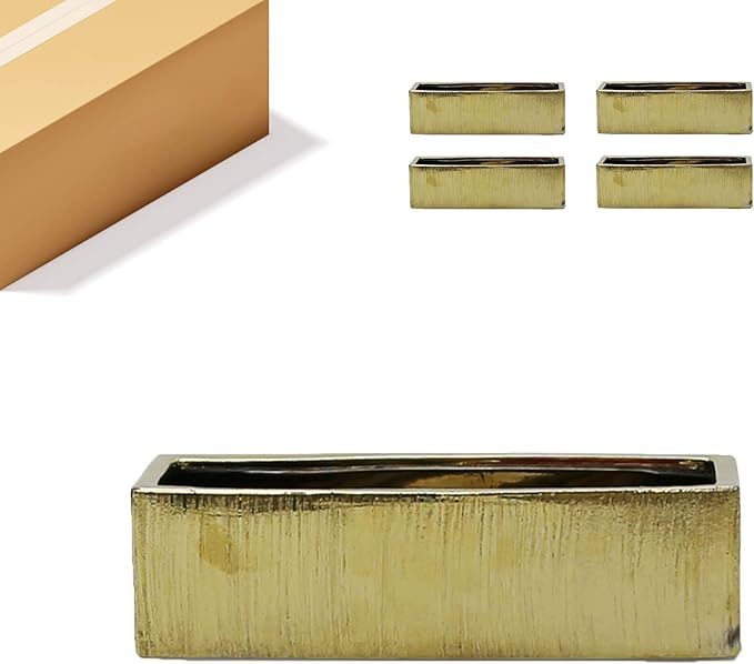 WGVI Long Rectangle Ceramic Planter Vase in Gold Etched 14" x 4" x 4"H, Rectangular Box Block Terrarium Pot, Flower Arrangement, Tabletop Centerpiece, Home Decor Organization Container, 4 Pcs.