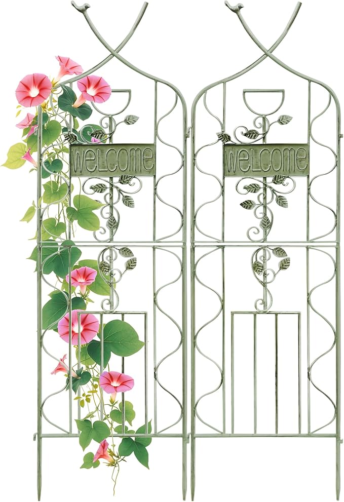 LZRS 2 Pack 59.5 * 18in Rustic Iron Arch Decoration Garden Trellis with Metal Coating – Perfect for Supporting Climbing Plants Outdoor, Roses, Vines, Flowers, and Vegetables, Antique Green