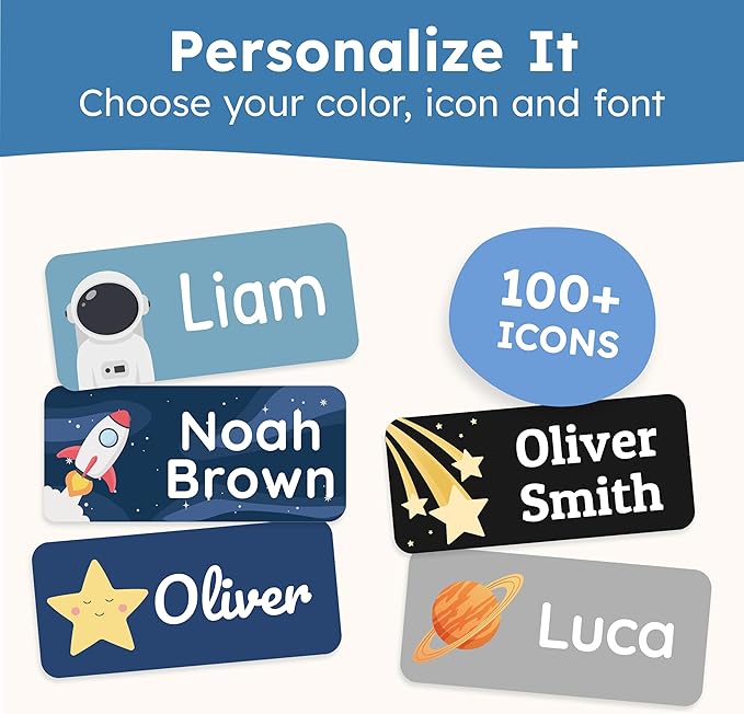 Personalized Name Labels for Kids (210 Labels) - Durable & Waterproof Custom Name Stickers for Clothing Tags, School Supplies, Camp & Daycare - Galaxy (1.2”x0.5”)