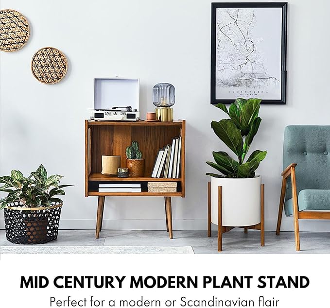 Fox & Fern Large Adjustable Plant Stand Indoor — 11 to 15 Inch Mid Century Bamboo Plant Stand - Plug In Design - Easy to Assemble - Two Heights - For 11, 12, 13, 14 & 15 Inch Pots (Not Included)
