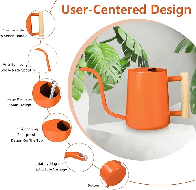 Watering Can Indoor Plants, 35oz Small Stainless Steel Metal Watering Can Modern Decorative Watering Pot with Long Spout for Indoor House Plant Bonsai Garden Flowers (Orange)