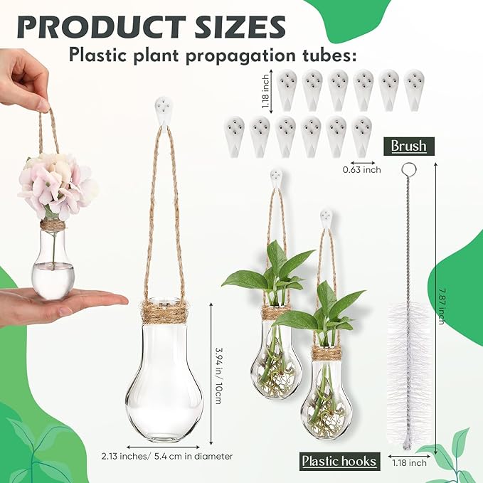 Baderke 6 Pack Hanging Propagation Station 3.9 Inch Plastic Plant Vases with Hooks & Cleaning Brush Clear Window Jars for Plant Clippings, Home Office Decor, Gardening Gifts for Women