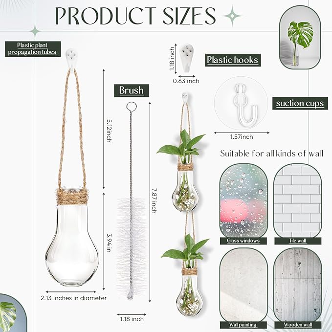 Baderke 9 Pack Window Propagation Stations 3.9 Inch Plastic Hanging Plant Propagation Vases with Hooks & Cleaning Brush Clear Tubes for Plant Clippings, Home Office Decor, Gardening Gifts for Women