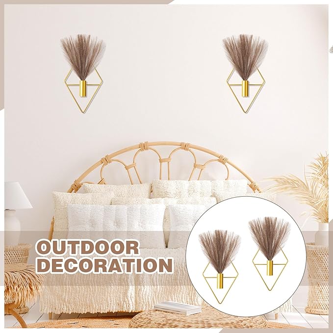 Jexine 2 Pcs Hanging Planters with Artificial Plants Metal Hanging Vase Indoor Plants Holder Modern Geometric Boho Wall Decor for Living Room Home Office(Gold, Brown Pampas)