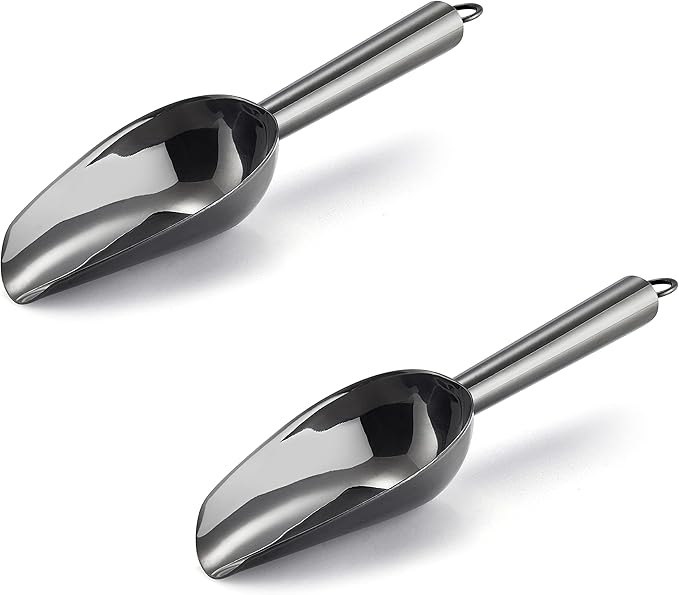 Mini Ice Scoop Set of 2, E-far 3 Ounce Platinum Black Stainless Steel Scoops for Candy/Flour/Sugar, Small Metal Scoops for Party/Canisters Jars/Kitchen Bar/Ice Maker, Rust Proof & Dishwasher Safe