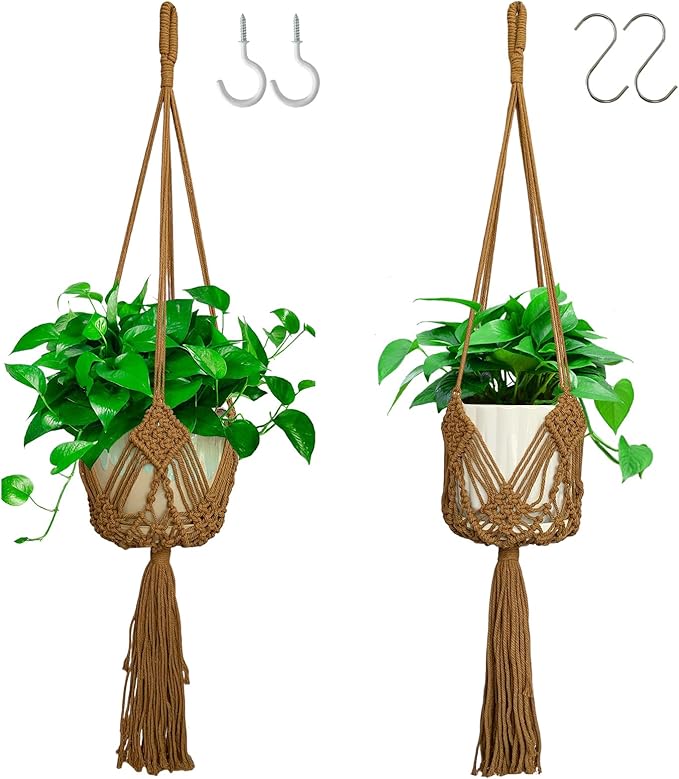 Hanging Planter with Patterns,2Pcs Macrame Plant Holder Rope with S Shaped Hooks,Indoor Macrame for up to 8 inch Pot Crochet,Boho Plant Hanger Holder for Indoor Outdoor