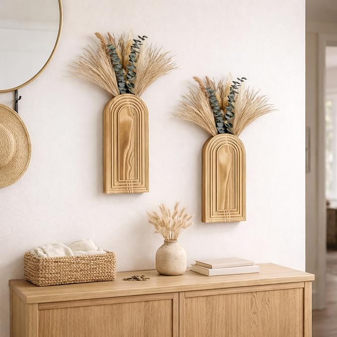 Wooden Wall Vase Set of 2 with Dried Pampas Grass & Eucalyptus – Boho Farmhouse Wall Decor for Living Room, Bathroom, Entryway or Hallway, Rustic Modern Wooden Wall Art