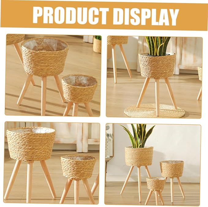 Rattan Planter with Legs Wicker Basket Plant Stand Indoor Outdoor Flower Pot Holder for Balcony Home Decor 9.05X7.08X7.08 Inches
