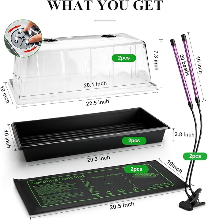 2-Pack 1020 Trays with 7.3'' Domes & Heat Mats & Grow Lights – Heavy-Duty 1020 Seed Starter Kits, Seedling Trays with Humidity Domes & Waterproof Heating Mats & LED Lights for Germination Propagation