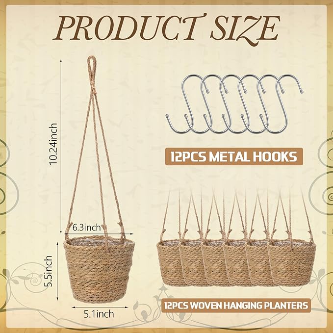 12 Pcs Seagrass Hanging Planter Basket Hand Woven Plant Basket with Plastic Liners Hanging Plant Holder Storage Containers with Cotton Rope for Indoor Garden Decor (Small,Brown)