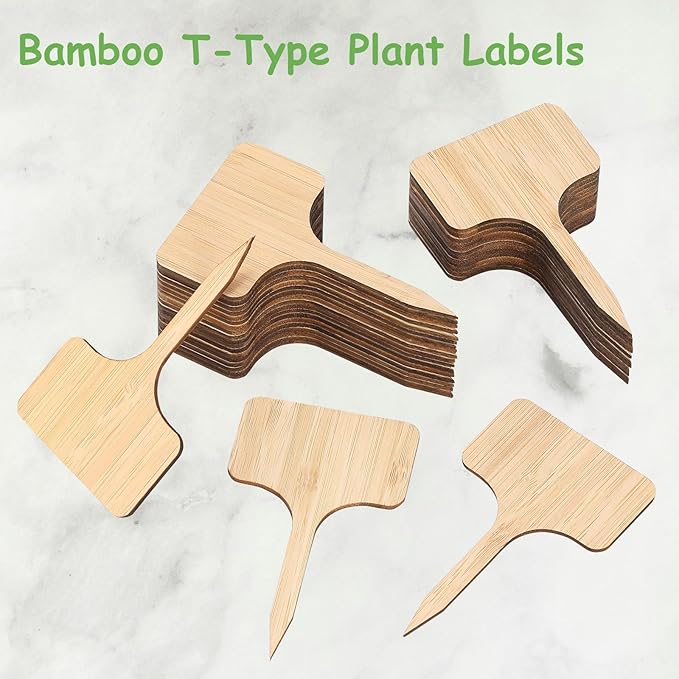 75Pcs Bamboo Plant Labels with 1 Marker Pen, T-Type Natural Seedling Nursery Sign Tags, Wood Garden Markers Decorative Patio Tags for Outdoor Indoor Potted Plants Herbs Flowers Vegetables