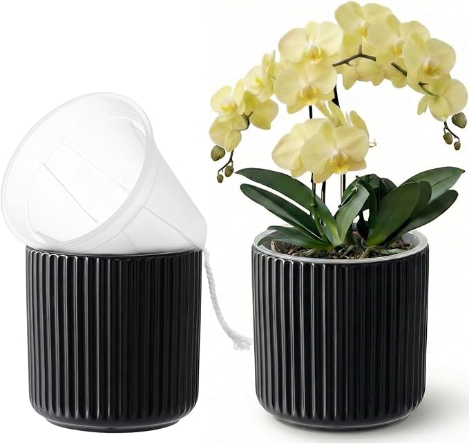 2 Pack of 6in Ceramic Cachepot with Clear Orchid Pot - self Watering Indoor Planter with Drainage for Root Visibility,semi Hydro pots for repotting Orchid,Black
