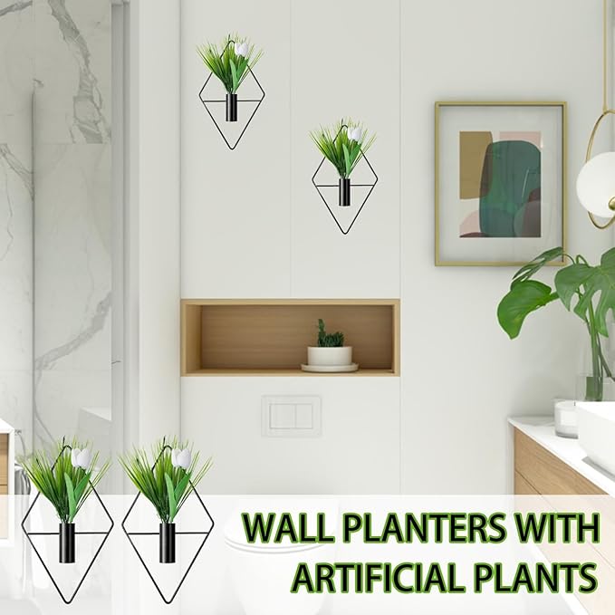 REDANHA 2 Pieces Diamond Shape Hanging Planters with Artificial Plants Metal Hanging Vase Indoor Plants Geometric Wall Decor for Bedroom Living Room Office(Black)