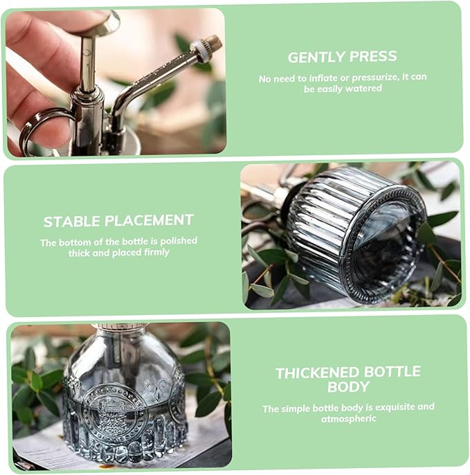 Plant Mister Spray Bottle, Glass Plant Mister 6.30x3.15 Inch Portable Handheld Fine Mist Vintage Embossment with Handle for Indoor Garden
