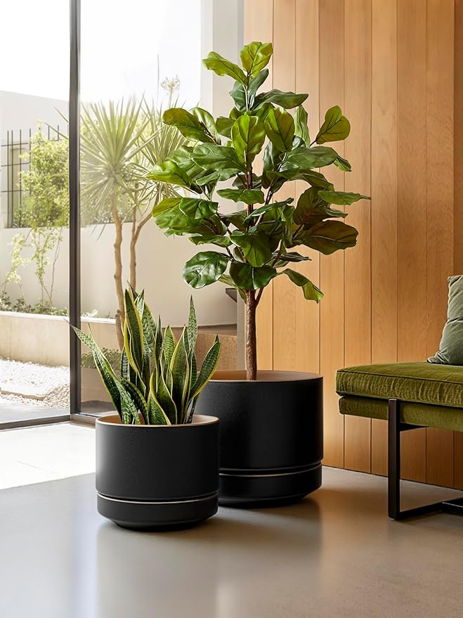 LE TAUCI 12 Inch Pot for Plants with Saucer, Ceramic Indoor Planter Pot with Drainage Hole, Mesh Pad Included, Matte Glazed Outside, Modern for Home and Office, Obsidian Black & Ochre