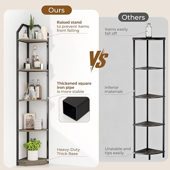 5 Tier Corner Wall Shelf Stand, 70" Metal Corner Shelves Bookshelf Display Shelf for Living Room Decor, Tall Plant Stand Multi Unit Organizer, Standing Shelf for Bedroom,Bathroom,Small Space (Grey)