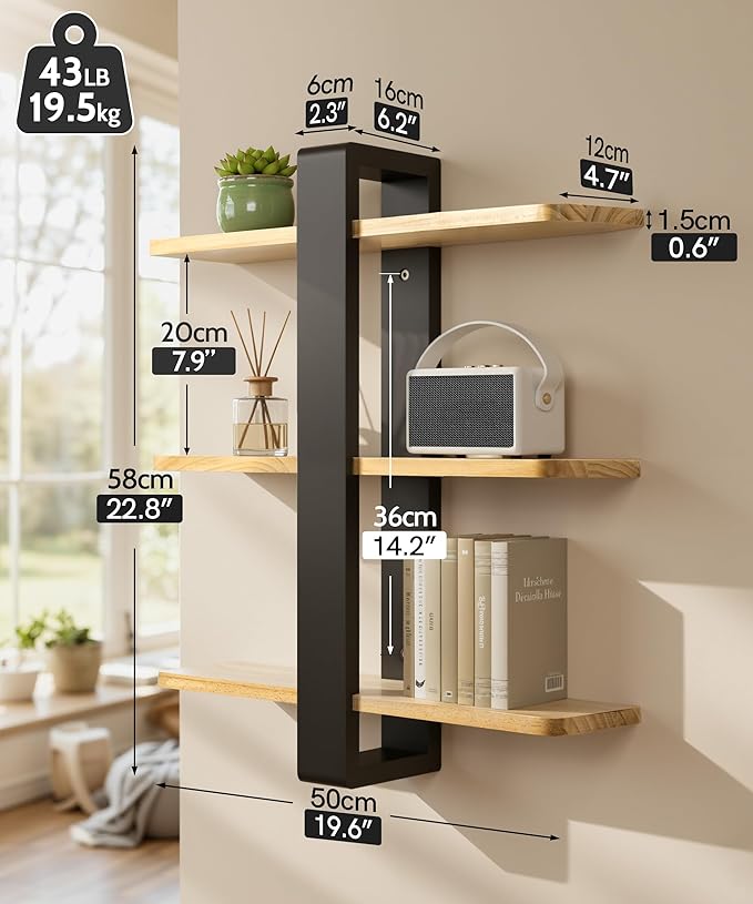 SUMGAR Floating Shelves for Wall Mounted Shelving Unit All Pine Wood 3 Tier Large Shelf for Bedroom Living Room Office Bathroom Home Decoration Storage Plant Photo Display Modern 20in