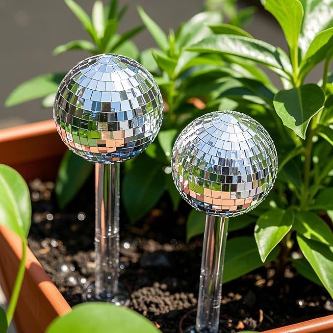 2 Pcs Plant Watering Globes with Disco Ball Decor,Self Watering Bulbs,Self Watering Globes,Sliver Glass Mirror Disco Ball Plant Aqua Bulb,Watering Stakes Spikes Water Bulbs for Indoor Outdoor Plant
