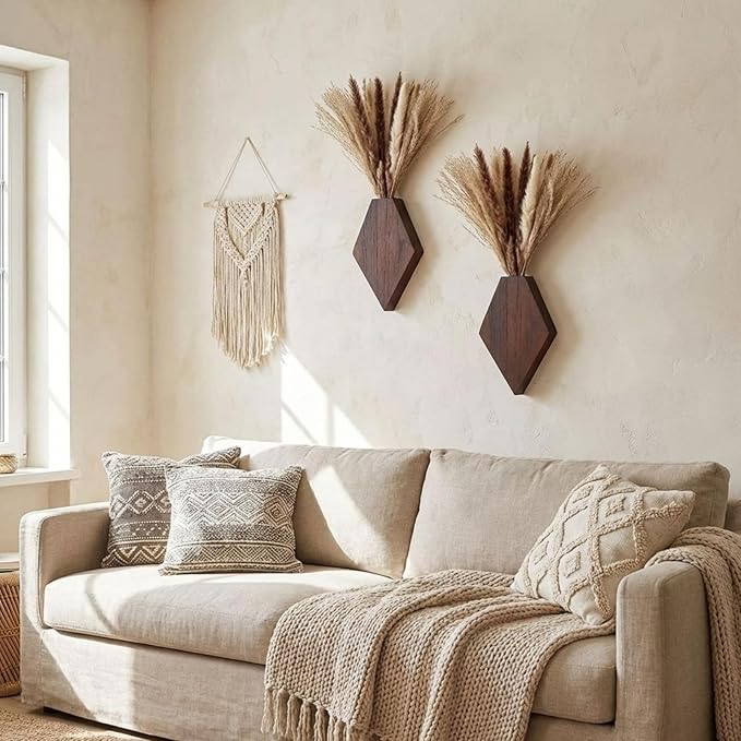 2 Pcs Bohemian Wooden Wall Planter Set with Pampas Grass Modern Farmhouse Wall Decor for Living Room, Bathroom, Bedroom, Office(Brown,Regular Style)