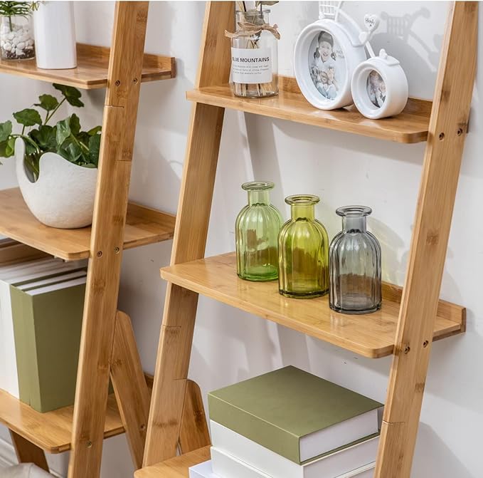 Maydear Bamboo Ladder Shelf Bookcase, 5-Tier Leaning Bookshelf Free Standing Organizer Storage Shelves for Living Room, Bedroom, Kitchen, Home Office, Balcony, Natural Wood | Bookcase, Living Room, Bedroom, Kitchen, Home Office