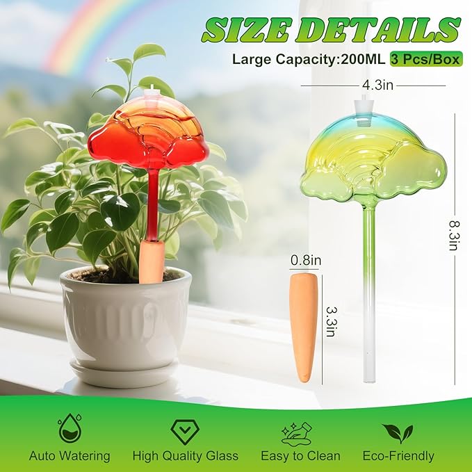 3 Pcs Plant Watering Globes Rainbow Cloud,Self Watering Globes with Watering Spikes,Self Watering Planter Insert for Travel Vacation,Glass Watering Bulbs for Indoor & Outdoor Plant