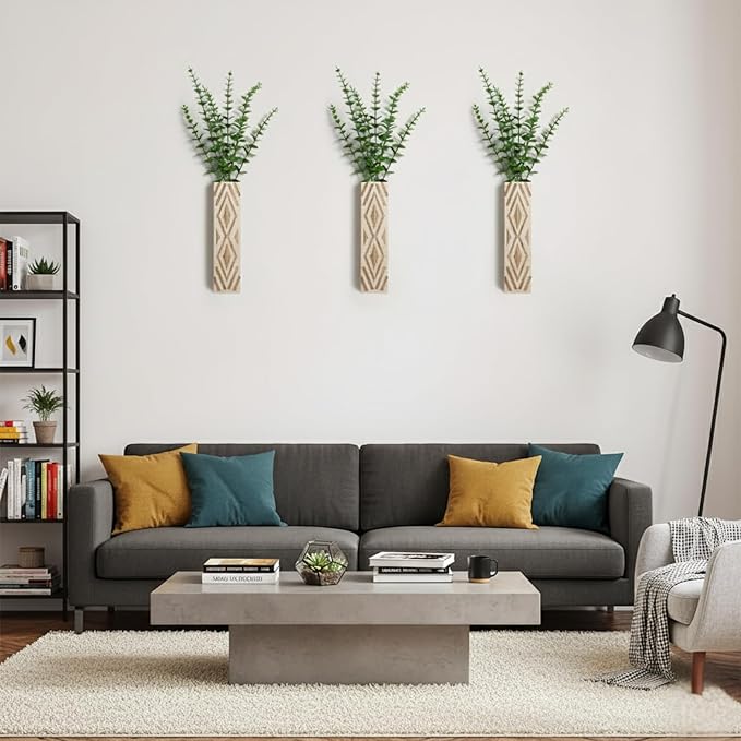 3 Pack Boho Wood Wall Planters for Indoor Plants- Geometric Hanging Vases, Modern Farmhouse Wall Decor Holders for Entryway, Bathroom & Living Spaces, Plants Excluded (Log Color-b)