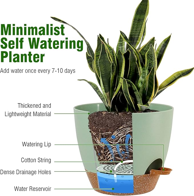 UOUZ Large Self Watering Pots, 12/10/9 Plastic Planters with High Drainage Holes and Deep Reservoir for Indoor Outdoor Garden Plants and Flowers, Green with Brown