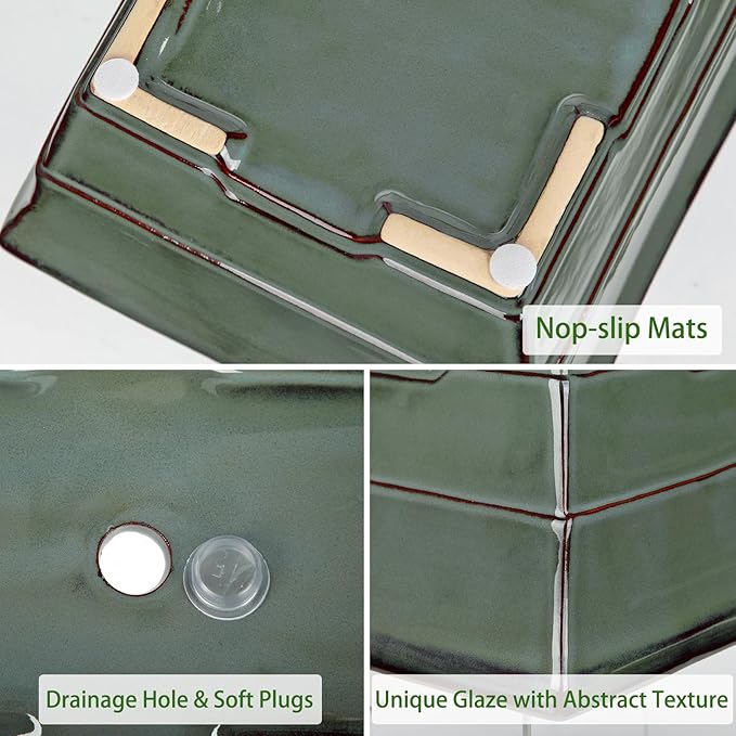 Large Ceramic Bonsai Pots with Drainage Trays Set of 2, 10" Green Glazed Bonsai Planters for Indoor/Outdoor Use, Rectangular Shallow Bonzai Tree Pot for Succulent, Orchids, Cacti, Home, Patio, Garden,