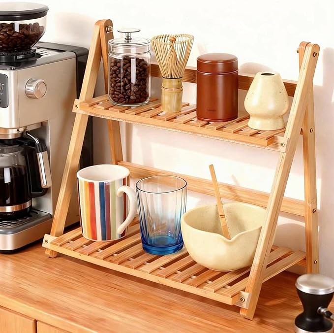 Bamboo Mug Shelf, 2-Tier Matcha Station & Coffee Bar Organizer - 15.7 Inch Foldable Countertop Display Rack for Mugs, Cups, Spices, Flower Pots - Kitchen, Window Sill, Living Room Storage Shelf