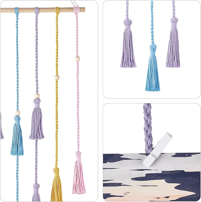 Mkono Hanging Photo Display Boho Macrame Wall Decor with Light, Teen Girl Teenage Gifts, Pictures Cards Frame Holder Art Hanger for Christmas Birthday Party Bedroom Dorm, with 30 Wood Clips, Multi