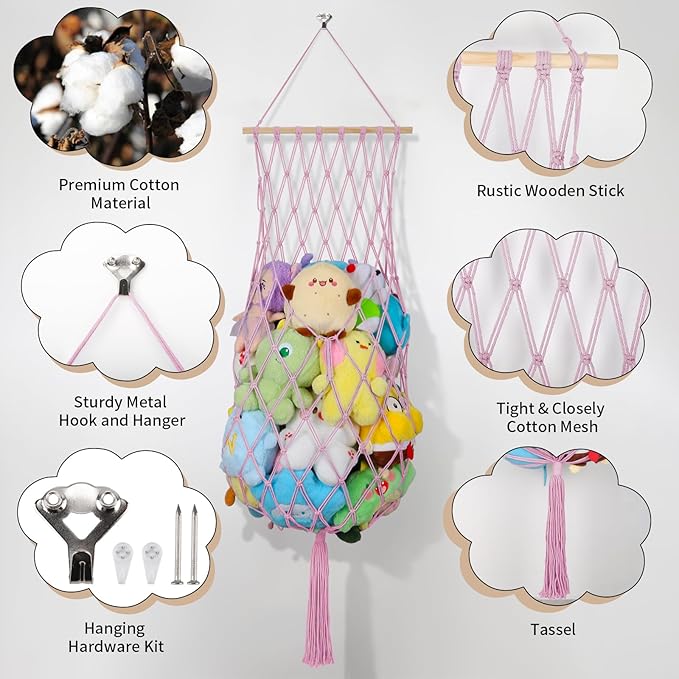 68 Inch Stuffed Animal Storage, Jumbo Macrame Stuffed Animal Hammock Corner, Wall Ceiling Hanging Stuffy Toy Hammock Plushie Net Display for Kids Boys Girls Nursery Decor (Pink)