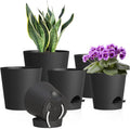WSMKSZ 7/6.5/6/5.5/5/4 inch Self Watering Pots for Indoor Outdoor Plants, 6 Pack Plastic Flower Planters with Drainage Holes and Removable Saucers, Plant Pots with Wicking Rope, Modern Decor, Black