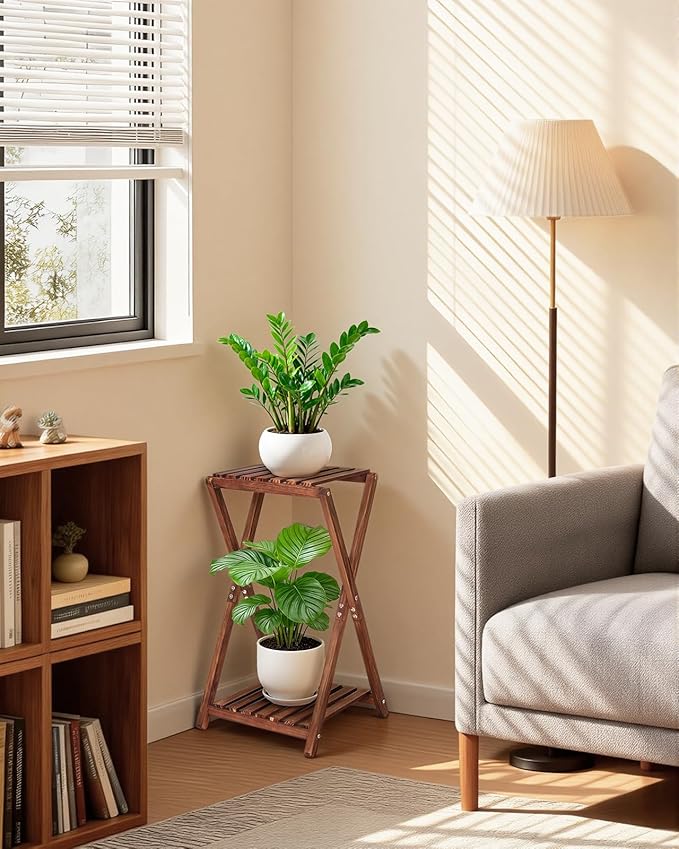Plant Stand Indoor,Wooden 2 Tier Plant Stands,Corner Square Plant Shelf,Rustic Flower Stand Tall Plant Holder for Living Room Bedroom Balcony Office