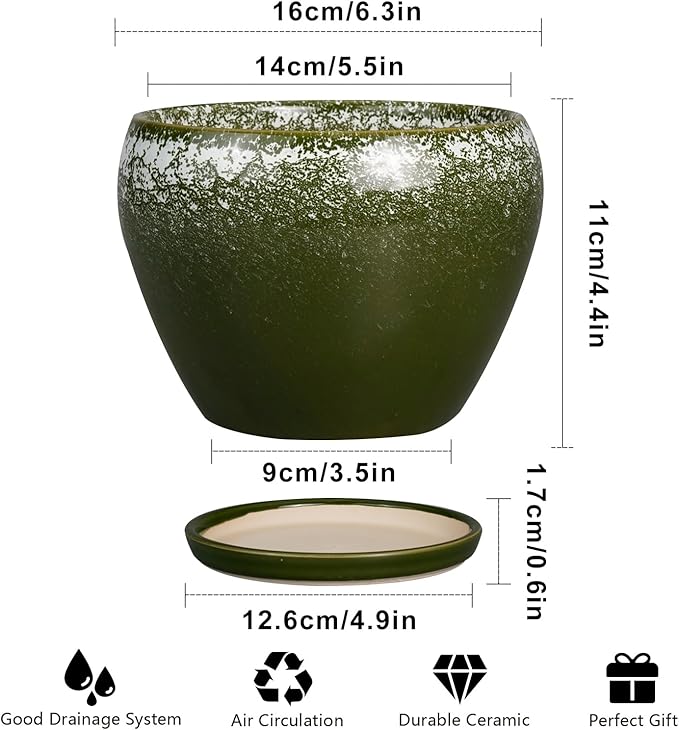 Ceramicfor 6 Inch Plant Pot - Ceramic Planter Pot with Drainage Hole and Saucer, Glaze Succulent Pot Modern Round Flower Pot for Indoor Plants, Dark Green