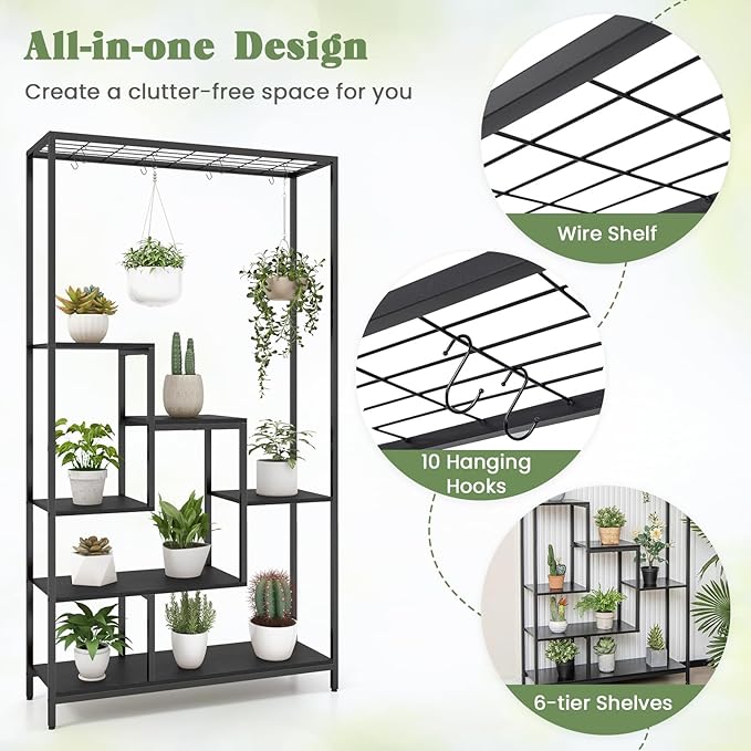 6-Tier Plant Stand Indoor, 70.9" Tall Plant Stand with 10 S Hanging Hooks, Metal Plant Shelf Corner Plant Stands for Indoor Plants, Garden, Balcony, Living Room (Black)