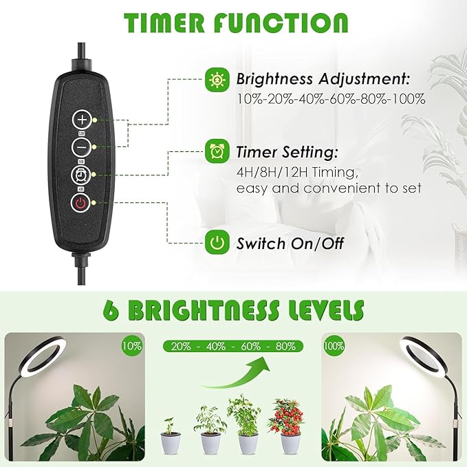 LBW Grow Light with Stand for Indoor Plants, 8" Halo Full Spectrum Grow Light, Adjustable Height up to 68", Auto Cycle Timer (4/8/12H), 6-Level Dimmable, Plant Light for Indoor Growing