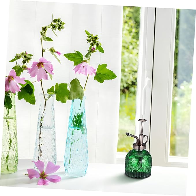 Baluue Embossed Glass Plant Mister Spray Bottle with Thick Non Slip Glass for Indoor Watering and Cleaning Elegant Green and Antique Design Water Sprayer
