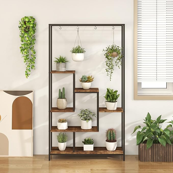 6-Tier Plant Stand Indoor, 70.9" Tall Plant Stand with 10 S Hanging Hooks, Metal Plant Shelf Corner Plant Stands for Indoor Plants, Garden, Balcony, Living Room (Brown)