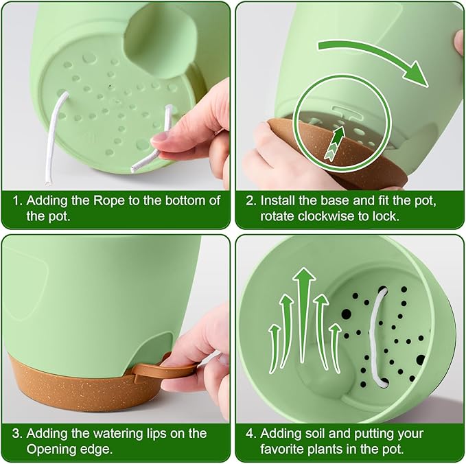 5-Pack Plant Pots with Drainage 7/6.5/6/5.5/5 Inch Self Watering Pots for Indoor Outdoor Plants, Plastic Flower Pots with Drainage Holes and Removable Saucers, Plant Pots with Wicking Rope (Green)
