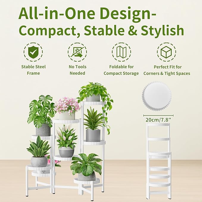 8 Tier Plant Stand Indoor Outdoor, Corner Tiered Fladable Plant Stands, Planter Display Rack for Multiple Plants, Iron Flower Stand, Folding Tall Plant Rack Shelf for House Patio Garden - WhiteFloroma